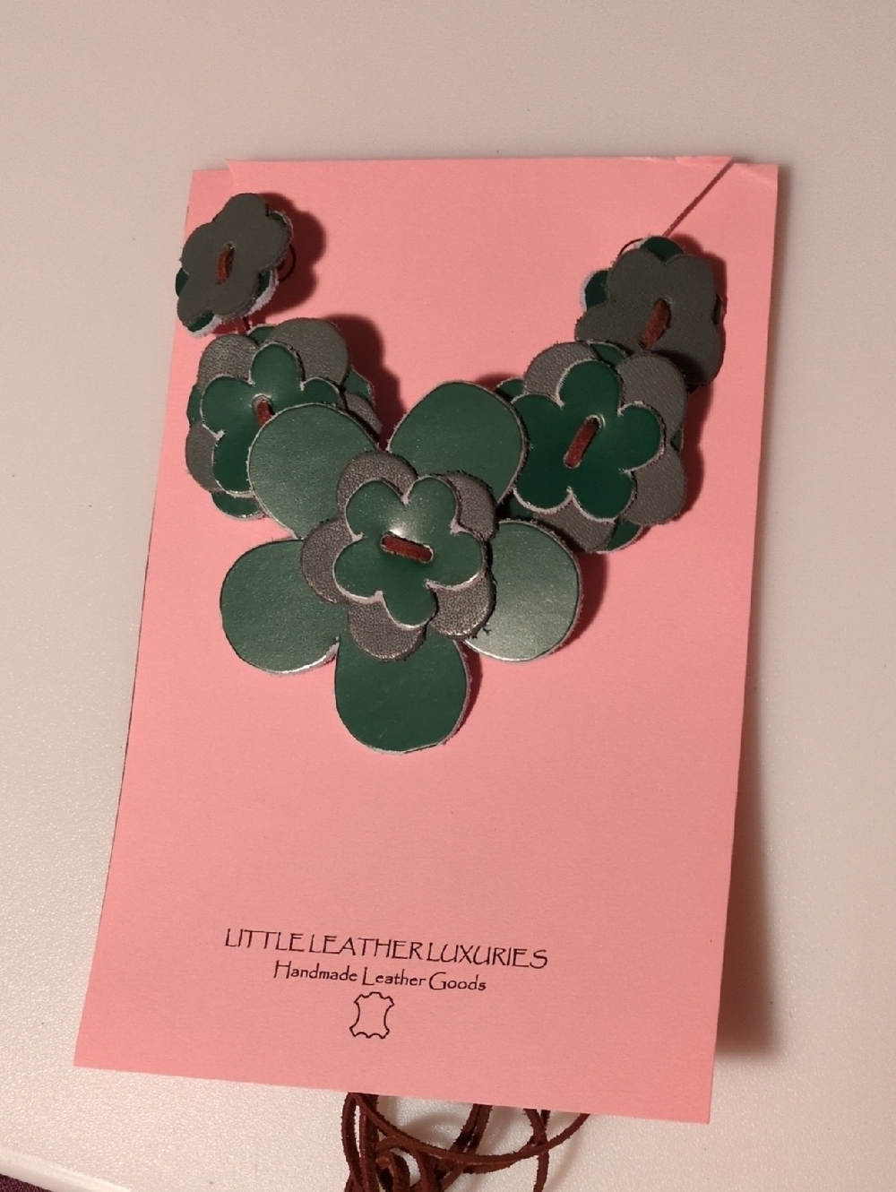 Handmade Genuine Leather Lime Sage Teal Olive Green Floral Statement Necklace 03